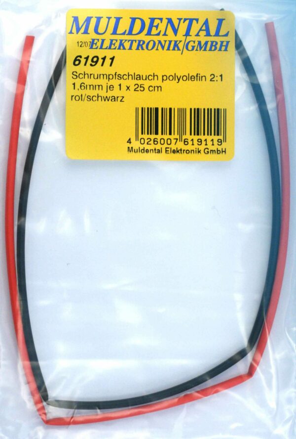 Roter und schwarzer Muldental Schrumpfschlauch, 1,6 mm Durchmesser, für effiziente elektrische Isolierung.