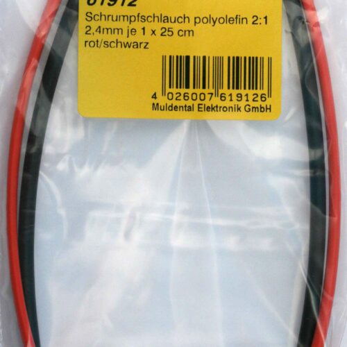 Roter und schwarzer Muldental Schrumpfschlauch, 2,4 mm Durchmesser, ideal für detaillierte elektrische Isolierungsarbeiten.