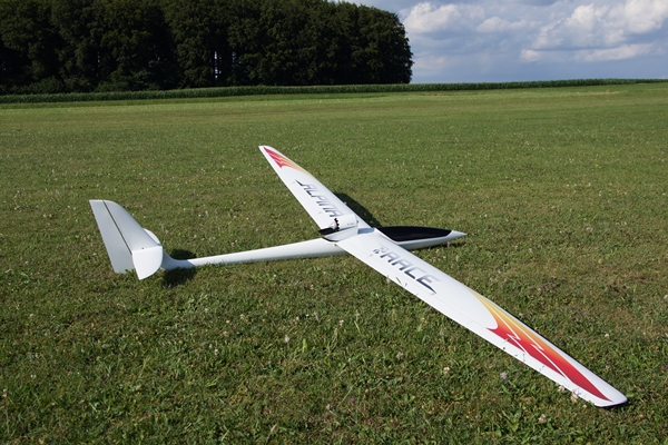 TANGENT Aplina Race Ein Modellsegelflugzeug vom Typ "ALPINA" liegt auf einer grünen Wiese mit klarem Himmel im Hintergrund.