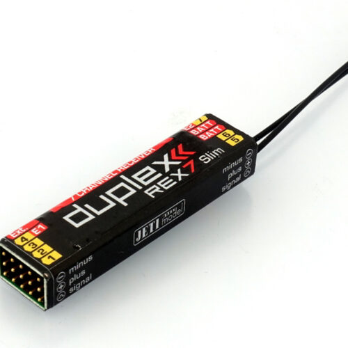 DUPLEX 2.4EX Empfänger REX 7 Slim Abmessungen: 15 x 12,5 x 60mm Gewicht: 12 g Versorgungsspannung: 3,5 – 8,4V Telemetrie: Ja Stabilisierung ASSIST: Nein Servosteckplätze: 7 Antennenlänge: 2x 200 mm