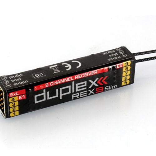 DUPLEX 2.4EX Empfänger REX 9 Slim Abmessungen: 15 x 12,5 x 60mm Gewicht: 12 g Versorgungsspannung: 3,5 – 8,4V Telemetrie: Ja Stabilisierung ASSIST: Nein Servosteckplätze: 9 Antennenlänge: 2x 200 mm