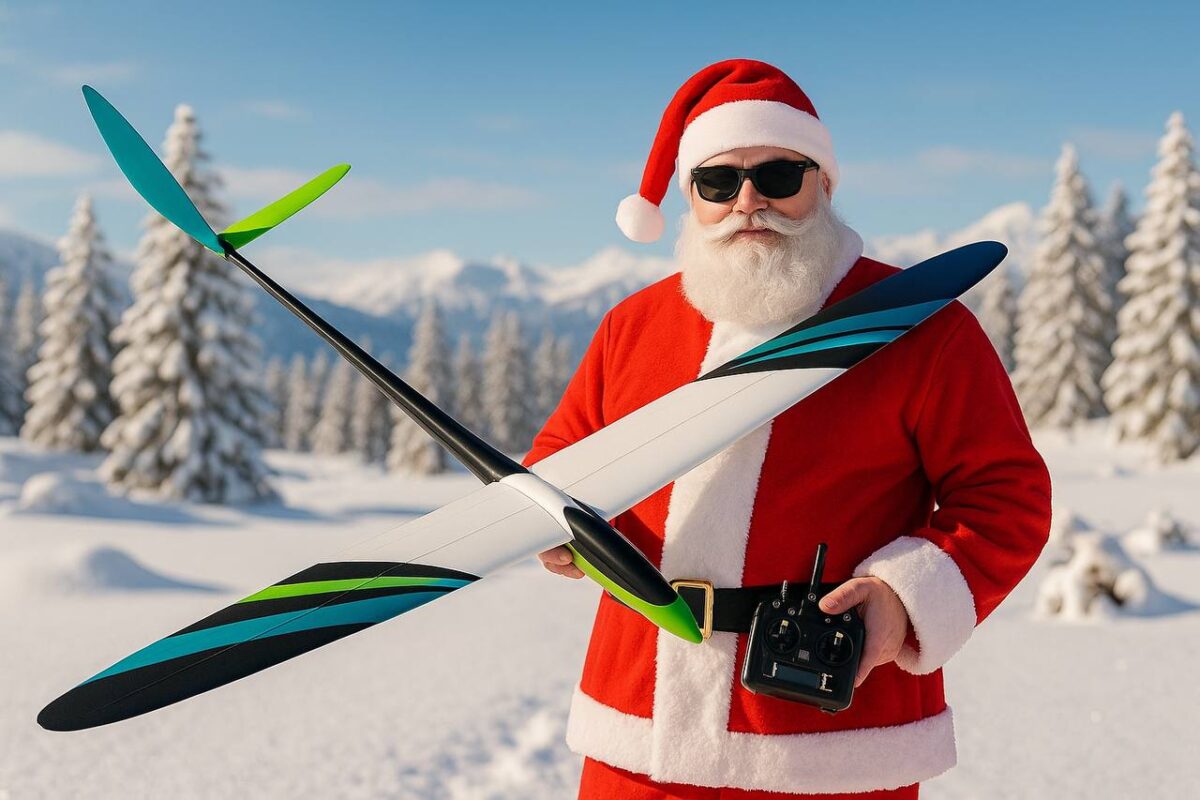 Weihnachtsmann hält ein modernes RC-Segelflugzeug im Schnee – RC-Modellheld Wintermotiv.