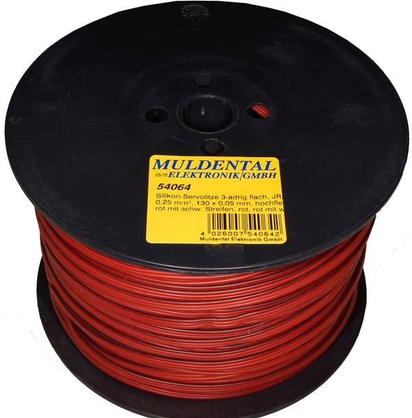 Muldental Silikon-Servolitze 3-adrig flach 0,25 mm² Meterware rot schwarz rot mit orange Schrift