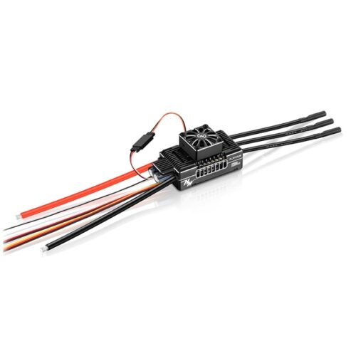 Hobbywing Platinum Pro V5 120A Regler in der Perspektivansicht mit Anschlusskabeln