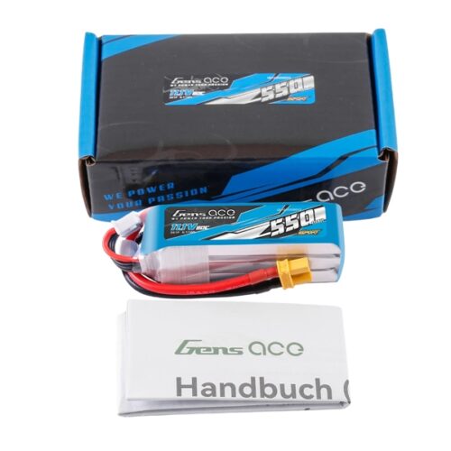 Gens Ace 3S 550mAh 80C LiPo Akku mit XT30-Anschluss Verpackung und Handbuch: